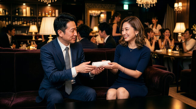 キャバクラでおしぼりを渡す女性キャストとスーツ姿の中年男性客