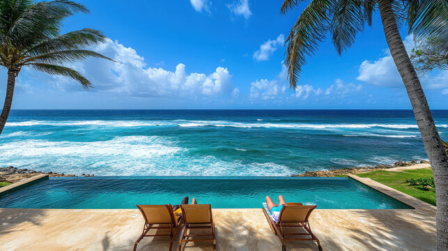 Couple relaxing in a luxury resort infinity pool with palm trees overlooking a stunning turquoise ocean panorama.