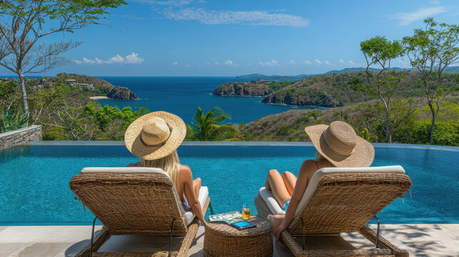 Couple relaxing in a luxury resort infinity pool with palm trees overlooking a stunning turquoise ocean panorama.