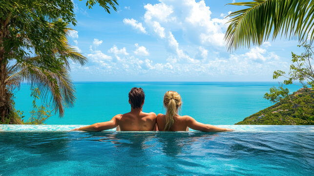 Couple relaxing in a luxury resort infinity pool with palm trees overlooking a stunning turquoise ocean panorama.