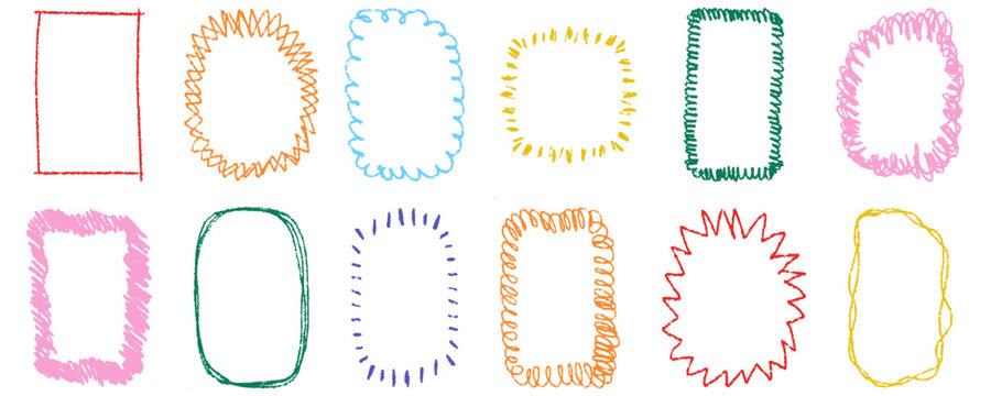 Colorful hand drawn scribble frames and borders set. Messy crayon doodle shapes, rectangles on transparent background. Creative vector elements for children scrapbooking, photos, social media post
