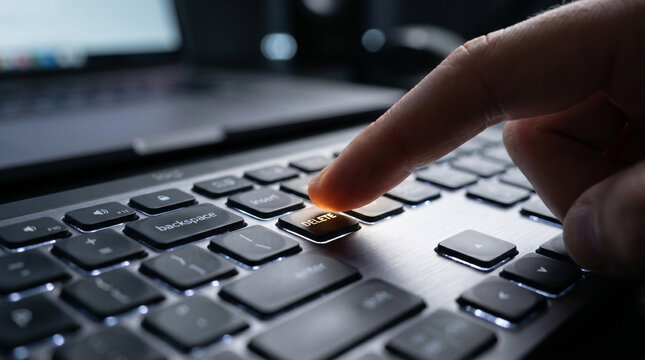 Macro shot of a computer user's finger pressing the delete key on a modern backlit keyboard. Concept of erasing data, correcting mistakes, and digital editing.