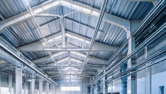 industrial metal pipes and beams in a bright factory interior with soft light steel
