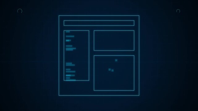 Digital interface layout with glowing UI elements and wireframe data