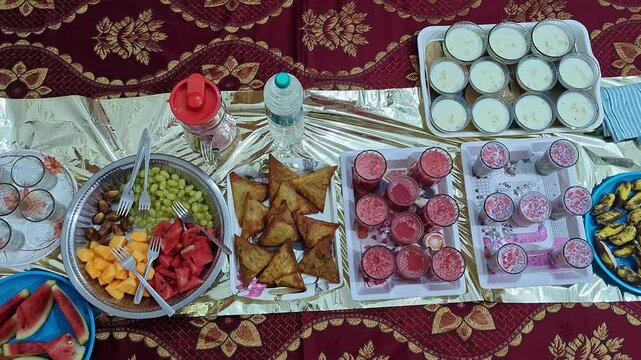 View of iftar food spread during Ramadan showcasing traditional dishes and festive meal setting