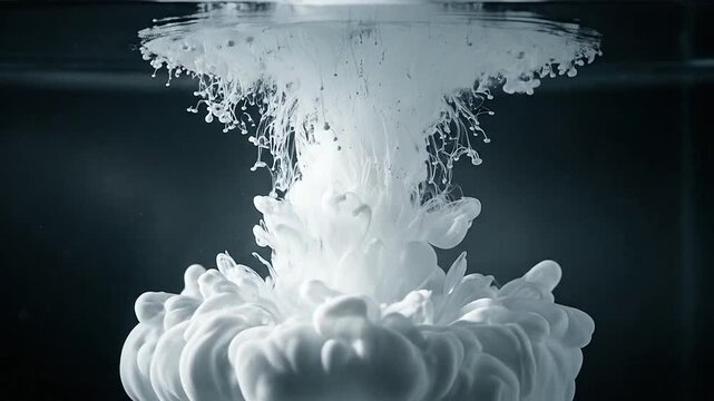White paint mixing with water creating an abstract and artistic cloud shape effect