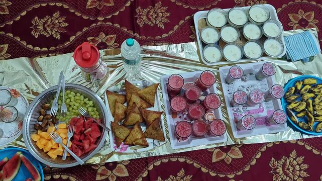 View of iftar food spread during Ramadan showcasing traditional dishes and festive meal setting