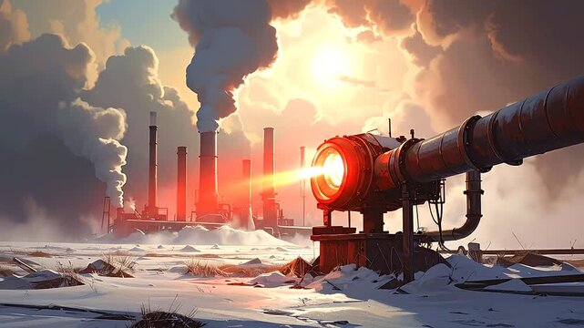 An industrial landscape shows a factory with smoke stacks and a large metal pipe emitting light