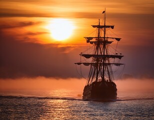 Fototapeta premium galleon sailing at sunrise in foggy sea