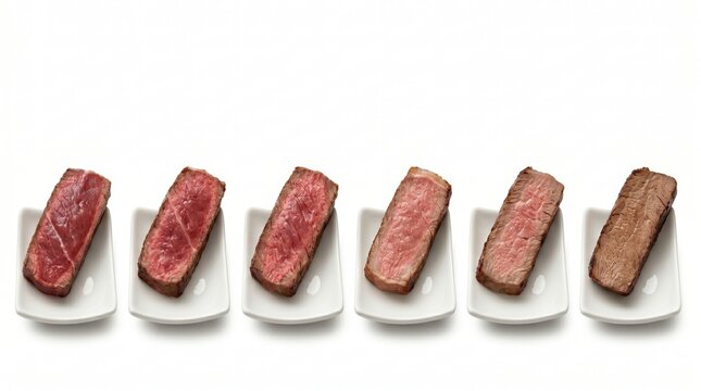 Wide banner showing different steak doneness levels on small white plates isolated on a white background.