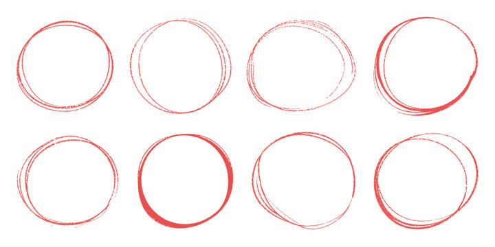 Red circle highlight doodle set featuring hand-drawn oval markers and sketch-style ellipses for note emphasis.