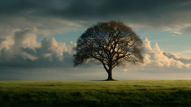 Tree silhouette in open field with calm minimalist composition 