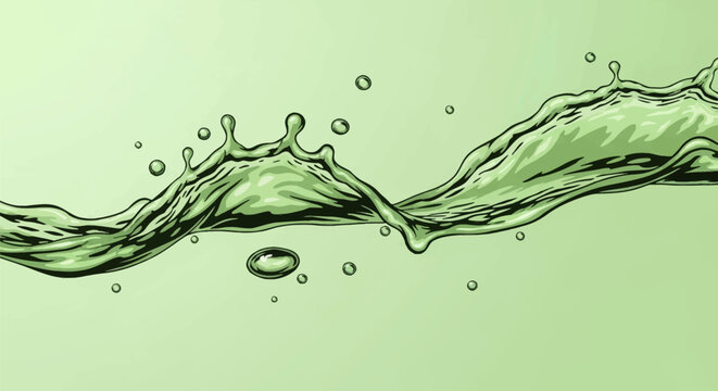 Vector illustration of a dynamic green liquid splash with droplets and ripples, featuring bold black outlines and cel-shaded graphic style against a light green background.