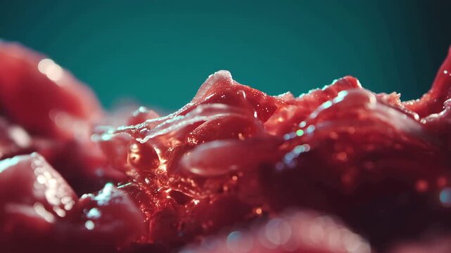 4K Ultra HD Macro closeup of a viscous, translucent red organic substance with a glossy, gelatinous texture against a teal background video
