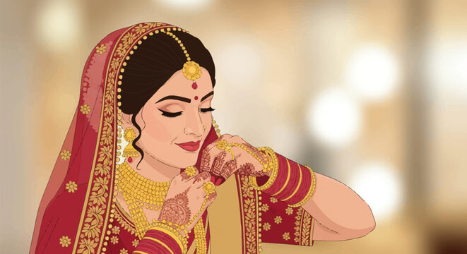 Digital illustration of an Indian bride wearing traditional red and gold wedding attire, heavy jewelry, and henna, adjusting her bangles against a warm bokeh background.