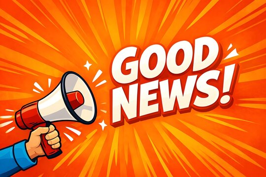 Good news announcement with megaphone on orange background