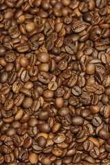 Fototapeta premium Vertical close-up of medium roasted coffee beans. Full frame background of aromatic brown coffee seeds, showing natural texture, oily surface, and various shapes after roasting.
