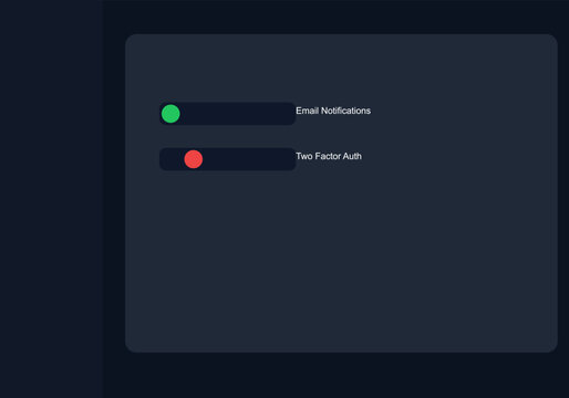 Technology settings icons, security toggle buttons, email notifications, two-factor authentication