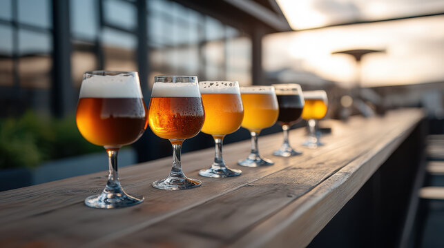 Row of different craft beer styles in elegant glasses lined up on a wooden bar counter in a modern brewery.