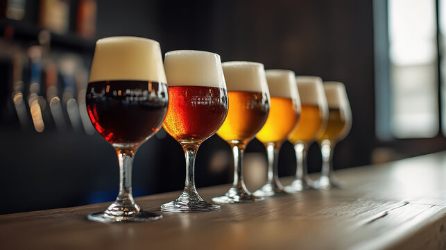 Row of different craft beer styles in elegant glasses lined up on a wooden bar counter in a modern brewery.
