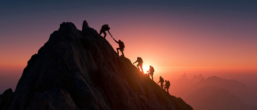 Mountain climbers helping each other reach summit at sunrise teamwork leadership success challenge adventure and achievement concept