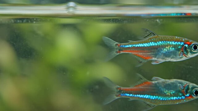 Macro close up of a vibrant Neon Tetra fish swimming just beneath the water surface with its perfect reflection visible from below in a freshwater planted aquarium