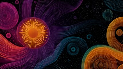 Fototapeta premium Cosmic Energy Burst: Vibrant Swirls and Radiant Circles in a Starry Abyss — Abstract Vision of the Universe