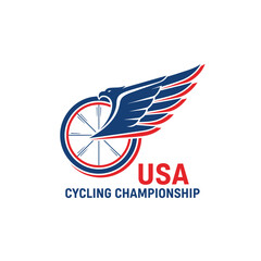 Fototapeta premium Eagle with wings forming a bicycle wheel usa cycling championship logo road cycling mountain biking track championship transportation athletic competition illustration isolated
