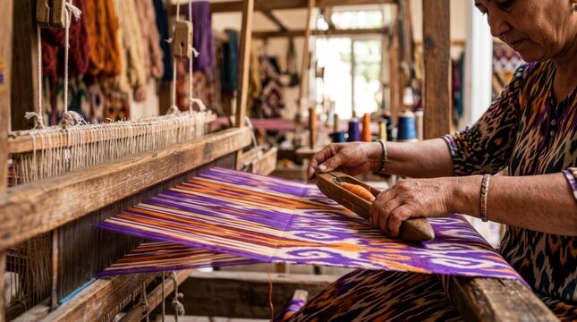 Intricate weaving of traditional Uzbek Adras ikat fabric featuring vibrant silk patterns and manual craftsmanship.