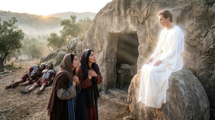 Fototapeta premium A biblical scene showing Mary Magdalene and the other Mary talking to an angel at Jesus' empty tomb.
