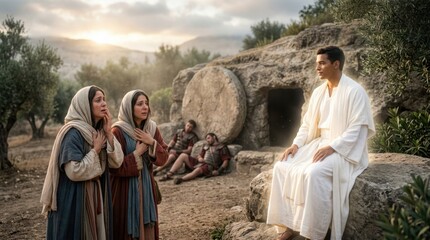 Fototapeta premium A biblical scene showing Mary Magdalene and the other Mary talking to an angel at Jesus' empty tomb.