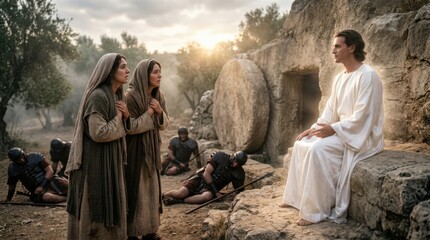 Fototapeta premium A biblical scene showing Mary Magdalene and the other Mary talking to an angel at Jesus' empty tomb.