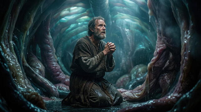Jonah kneeling in prayer inside the belly of a great fish.