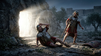 Obraz premium Biblical scene of Roman soldiers in shock and terror at the resurrection of Jesus beside the empty tomb.