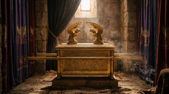 Biblical scene of the Ark of the Covenant resting inside the Holy of Holies.