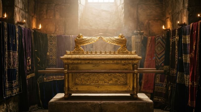 Biblical scene of the Ark of the Covenant resting inside the Holy of Holies.