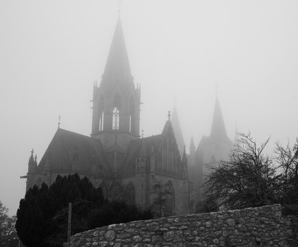 A Medieval Christian Church Shrouded in Mist in the Small German Town of Oppenheim
