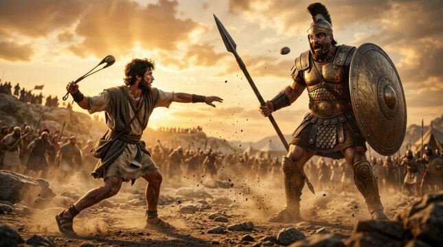 David throwing a stone at Goliath.