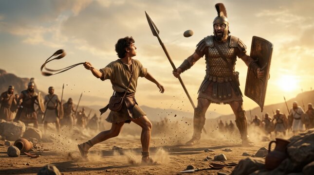 David throwing a stone at Goliath.