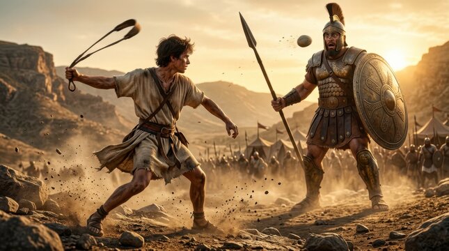 David throwing a stone at Goliath.