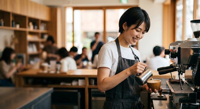 カフェのカウンターでコーヒーを淹れる女性バリスタ、カフェ店員