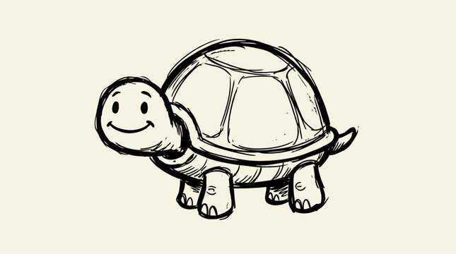 A cute hand drawn ink sketch of a smiling turtle walking slowly