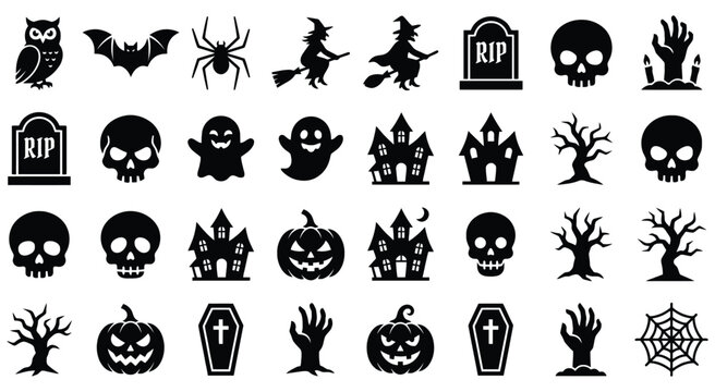 Halloween Silhouette Icon Set: Spooky Skulls, Haunted Houses, Pumpkins, and Witch Vector Elements