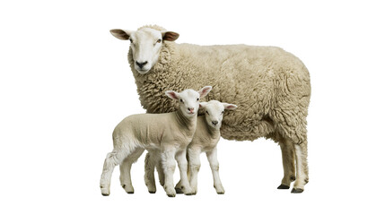 Obraz premium Fluffy sheep mother with two young lambs standing together, isolated on transparent background