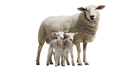 Mother sheep with two newborn lambs, isolated on transparent background © Emilia