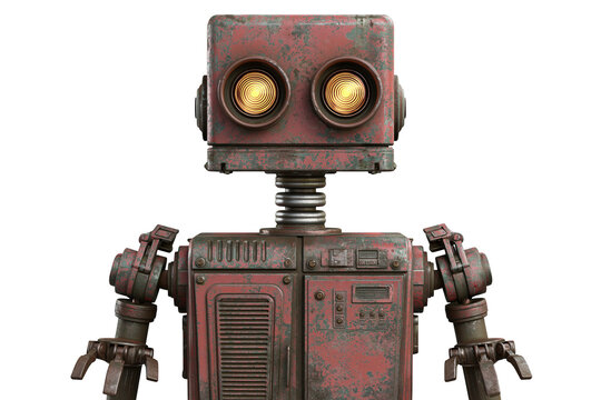 Rusty vintage robot with glowing yellow eyes, isolated on transparent background
