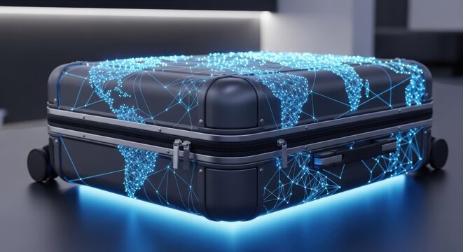 smart luggage with glowing blue connections