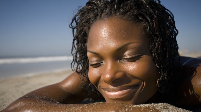 Smiling woman with wet hair relaxing on sandy beach under blue sky. Close up summer portrait featuring tanned skin, peaceful expression and joyful vacation atmosphere