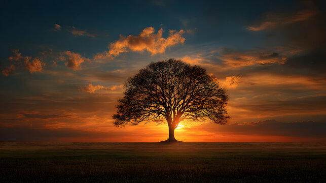Tree silhouette in open field with calm minimalist composition 