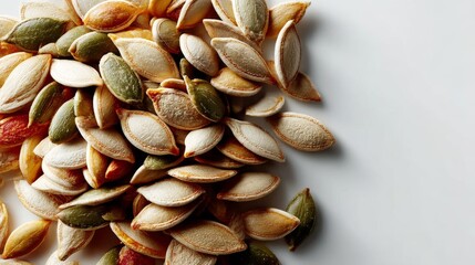 Fototapeta premium Roasted Pumpkin Seeds in Close-Up: Vibrant Mix of Green and Beige Seeds on Clean White Background